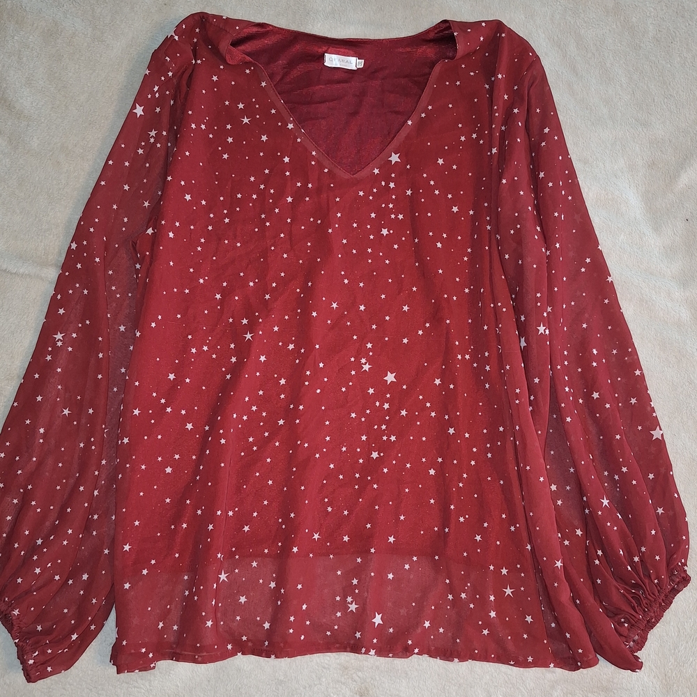 Women's Sheer Burgundy Top With Loose Sleeves And Star Pattern - Qearal Brand